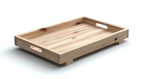 Wooden serving tray with raised edges and handles, made from natural pine wood on white background, isolated rectangular design for food service and home decor.