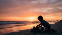 Silhouetted child playing with sand on beach at sunset, ocean waves in background, golden hour coastal scene for travel and lifestyle content.