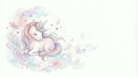 Cute unicorn with flowing mane surrounded by pastel watercolor splashes and floral elements on white background for nursery decor and children's designs.
