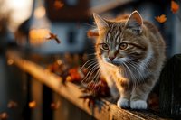 Tabby cat walking on wooden fence during autumn sunset with falling maple leaves and warm golden light creating cozy seasonal atmosphere.
