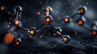 Glowing orange and black molecular structure with connected spheres floating in dark space, scientific concept for chemistry, biology and nanotechnology research.
