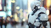 Futuristic humanoid robot with white armor standing against blurred city lights background, representing advanced AI technology.
