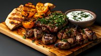 Grilled meat assortment with chicken, beef steak and pork medallions served on wooden board with herbs and creamy sauce, dark background, restaurant menu.