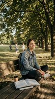 Young woman student reading book on park bench during golden hour sunlight with backpack for education and leisure lifestyle.