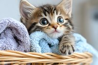 Adorable tabby kitten with big blue eyes peeking from wicker basket with soft towels, looking up with curious expression. Perfect for pet care and animal adoption themes.