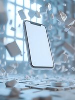 Modern smartphone with blank screen floating among scattered paper fragments in blue-toned office environment, representing digital transformation.