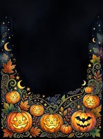 Spooky autumn frame with carved jack-o-lantern pumpkins, crescent moons, stars, bats, and ornamental foliage on dark background. Perfect for Halloween invitations, greeting cards, posters, and seasonal design projects.
