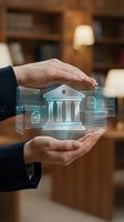 Businessman hands protecting holographic bank building with digital interface elements in modern office environment for financial technology concepts.