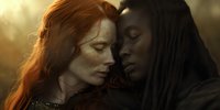 Intimate portrait of two women, redhead and African American, in tender moment against golden sunset light, eyes closed in emotional connection, showing diversity and love.