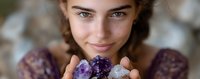 Young woman with freckles holding raw amethyst crystal cluster close to face, expressing joy and connection with natural healing stones against blurred background.