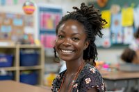 Young African American female teacher with natural hairstyle smiling warmly in colorful elementary classroom setting, perfect for education and diversity campaigns.