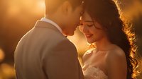 Romantic couple sharing intimate moment during golden hour sunset with warm lighting for wedding photography and love concepts.