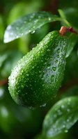 Fresh ripe avocado with water drops on green skin close up macro shot. Natural organic healthy food background with soft selective focus.