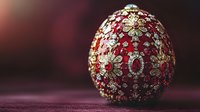 Ornate red decorative egg with intricate golden floral patterns and gemstone details on elegant burgundy surface for luxury holiday celebrations.