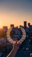 Glowing neon laurel wreath held against urban skyline at sunset, symbolizing achievement and success for motivational and award-related projects.