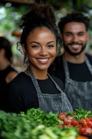 Happy young African American woman chef smiling in restaurant kitchen with male colleague preparing fresh vegetables for cooking and food service.