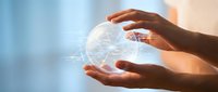 Hands holding glowing digital globe with network connections, representing global communication, technology innovation, and worldwide business connectivity.