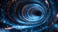 Mesmerizing spiral galaxy formation with glowing blue particles and orange accents swirling into dark center against cosmic background, creating dynamic space motion.