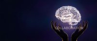 Hands holding a glowing digital brain with collaboration text on dark blue background, symbolizing teamwork, innovation, and collective intelligence.