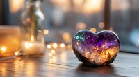 Glowing amethyst crystal heart on wooden surface with soft bokeh lights creating magical romantic atmosphere, spiritual healing concept.