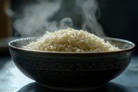 Steaming hot jasmine rice served in traditional dark ceramic bowl with rising vapor, dramatic side lighting creates moody atmosphere for food photography.