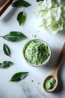Green matcha tea powder in ceramic bowl with wooden spoon on marble surface, decorated with fresh leaves and white hydrangea flowers, top view styling.