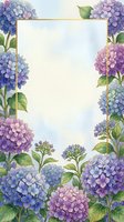 Watercolor hydrangea frame with golden border and blank center space for text or invitations on soft blue background.