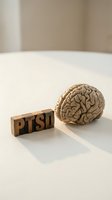 PTSD wooden letter blocks beside a human brain model on a white surface, symbolizing trauma, mental health awareness and neurological impact.