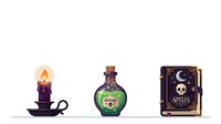 Isolated purple candle with flame, green poison bottle with cork stopper, and vintage spells book with skull emblem on white background, ready for design projects.
