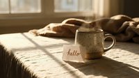 Steaming ceramic mug with a hello note card on a linen table in warm morning sunlight, cozy hygge home atmosphere.