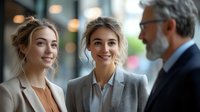 Professional business team meeting in modern office setting, smiling colleagues in formal attire discussing project, warm lighting and blurred background create welcoming atmosphere.