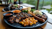 Grilled meat platter with ribs, sausage, and pineapple chunks served with dipping sauce, broccoli, and side dishes on black plate at restaurant with scenic view.