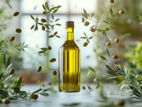 Glass bottle of extra virgin olive oil floating with flying green olives and leaves against bright window background. For food and cooking concepts.