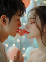 Young Asian couple sharing romantic moment with red heart lollipop candy against soft bokeh lights background for Valentine's Day celebration and love concept.