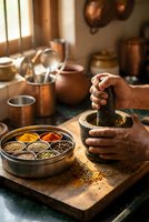 Traditional spice grinding with mortar and pestle in rustic kitchen setting with colorful spices in wooden compartments for culinary preparation and cooking.