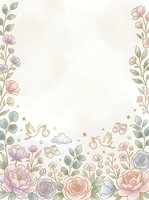 Soft floral border frame with pink peonies, roses, eucalyptus leaves, doves, stars and clouds on cream background. Isolated design element for invitations, greeting cards, baby shower, wedding stationery and nursery decor projects.