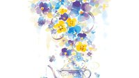 Delicate watercolor composition of pansies in purple, yellow, and blue flowing from a teapot, creating an ethereal floral cascade on white background.
