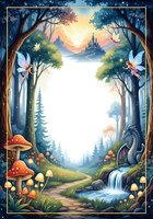 Enchanted forest frame with fairy tale castle, magical creatures, mushrooms, waterfall and mystical pathway through woodland border for fantasy storytelling.
