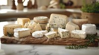 Gourmet cheese board featuring variety of artisanal cheeses including blue, brie, camembert and aged hard cheeses arranged on rustic wooden serving board with fresh herbs.