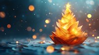 Glowing autumn leaf shaped like Christmas tree floating on water surface with magical bokeh lights in dark blue background.