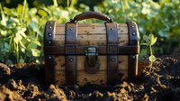 Vintage wooden treasure chest with metal details on dark soil against green foliage background. Mysterious wooden box in garden setting creates adventure mood.