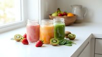 Fresh fruit and vegetable smoothies in glass jars on white kitchen counter with strawberries, kiwi and spinach ingredients for healthy breakfast drinks.