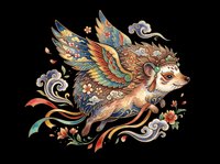 Colorful flying rat with ornate wings, floral patterns, and swirling ribbons in Asian folk art style, isolated on transparent background, ready for stickers, t-shirt design, and print on demand.