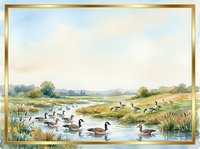 Watercolor painting of geese flock swimming in peaceful wetland marsh with rolling hills and soft sky background for nature artwork and home decor.