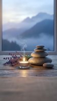 Zen spa composition with stacked stones, burning candle and lavender on wooden windowsill overlooking misty mountain landscape for wellness and meditation.