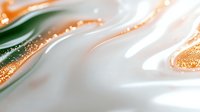 Abstract fluid art with flowing white, green and gold swirls creating elegant marble texture for luxury design backgrounds and modern decorative projects.