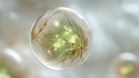 Glowing golden botanical specimen preserved in transparent glass sphere with delicate branch and warm LED lights creating magical luminous effect for decoration.