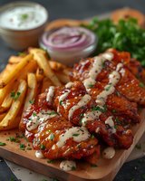Glazed chicken wings with creamy sauce drizzle served on wooden board with french fries, fresh herbs and dipping sauces, close-up food photography.