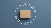 Cardboard box on blue background with circular order now text, flat lay composition for e-commerce, packaging, and online shopping promotions.