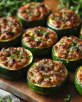Baked zucchini rounds topped with melted cheese, herbs and seasoned meat filling served on wooden cutting board, appetizing homemade healthy meal preparation.